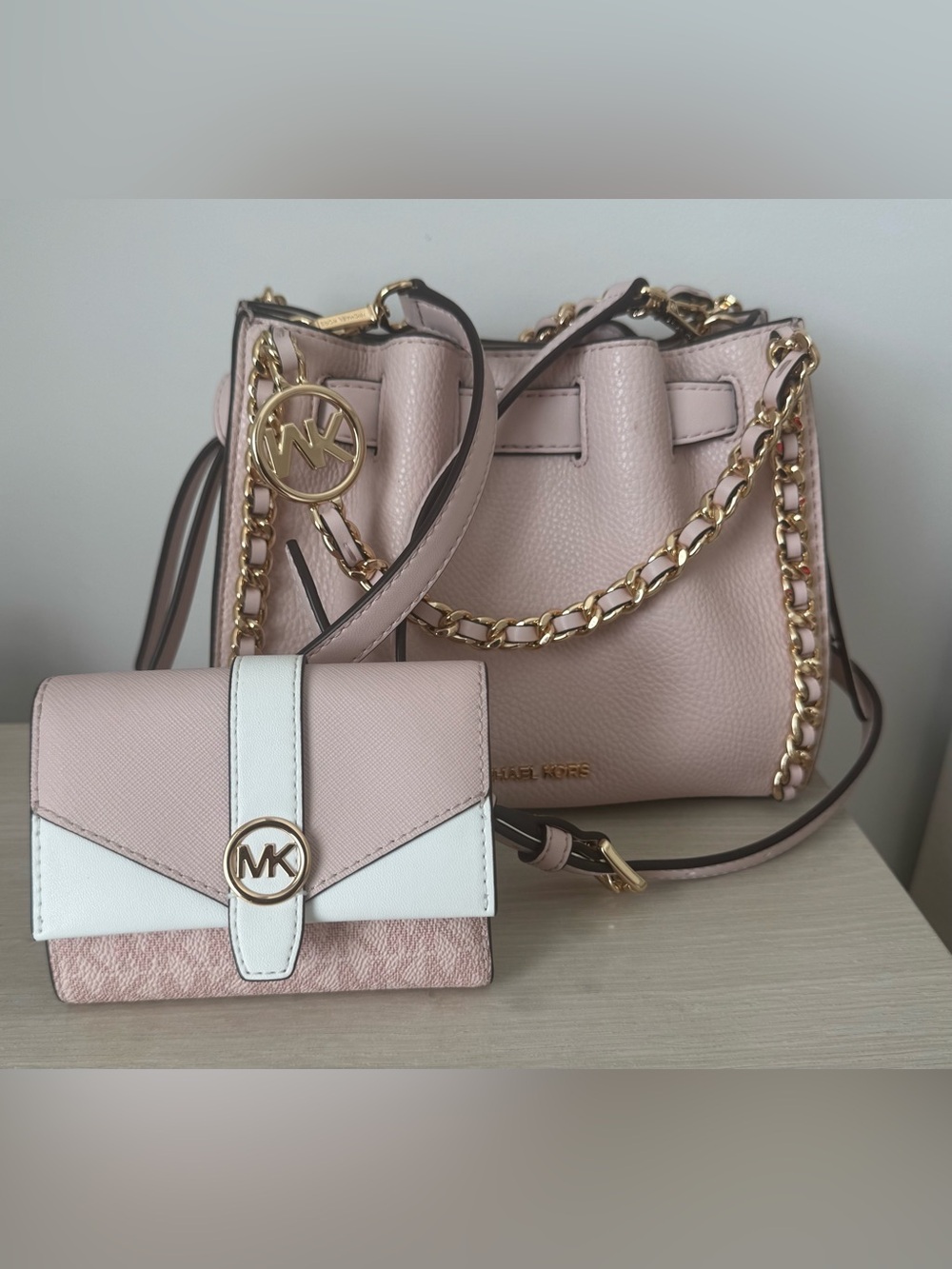 Michael Kors Pink Leather Chain-Trim Crossbody with Matching Wallet